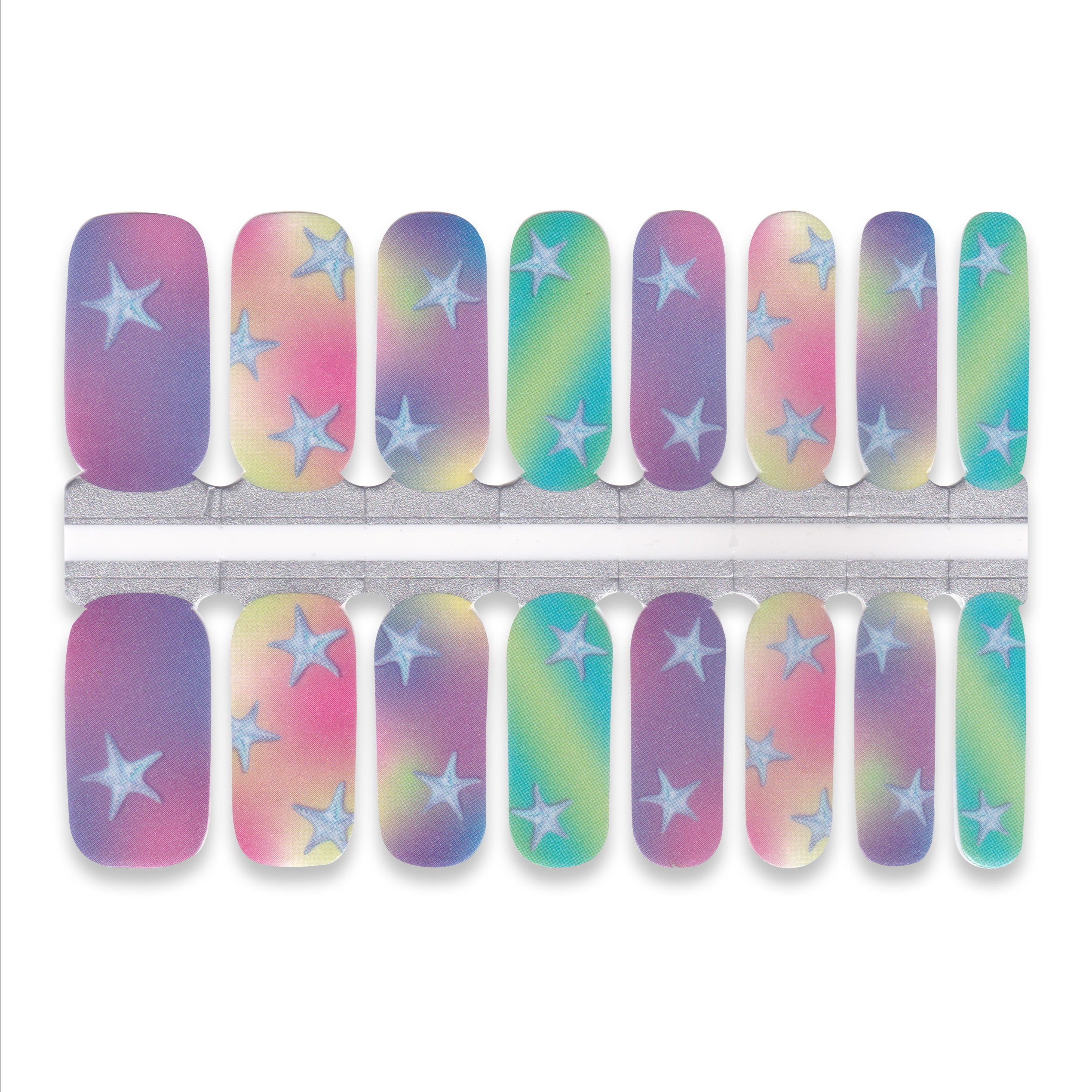 Multicolor ombre nail wraps with soft blue star print