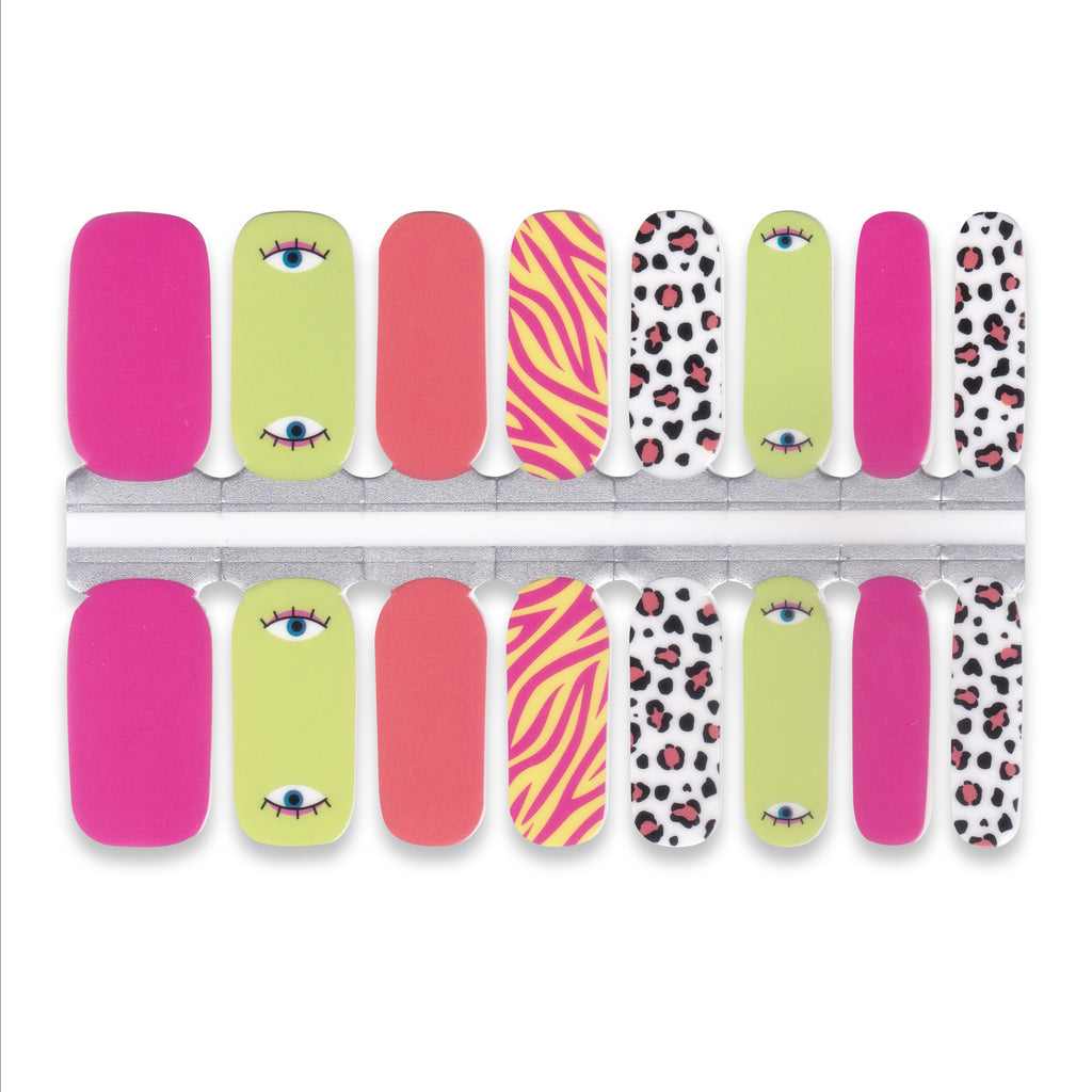Set of colorful nail wraps with various patterns on a white background