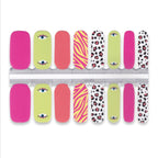 Set of colorful nail wraps with various patterns on a white background