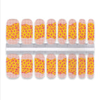 Nail wrap with yellow and pink leopard print design on a white background