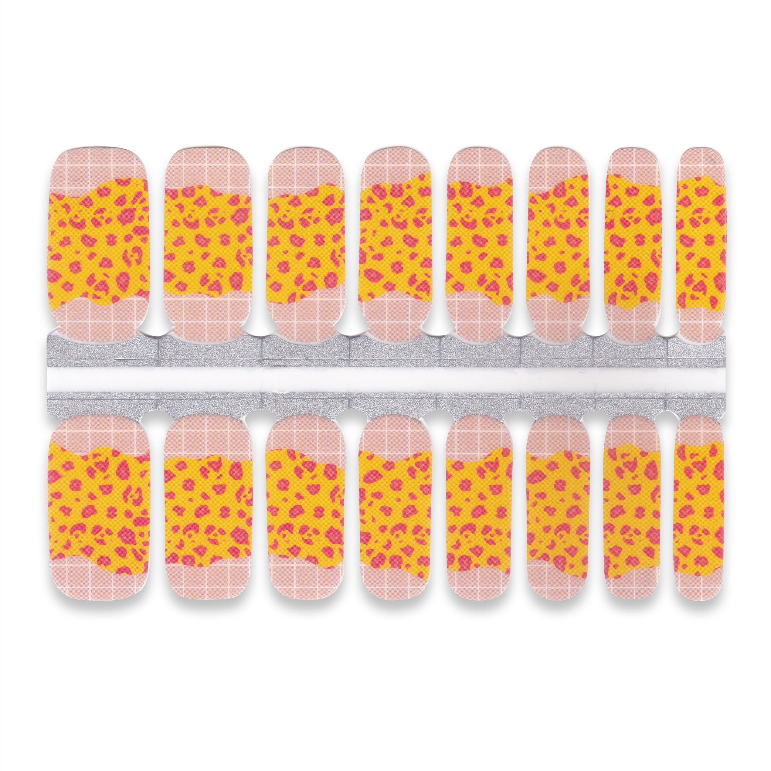 Nail wrap with yellow and pink leopard print design on a white background