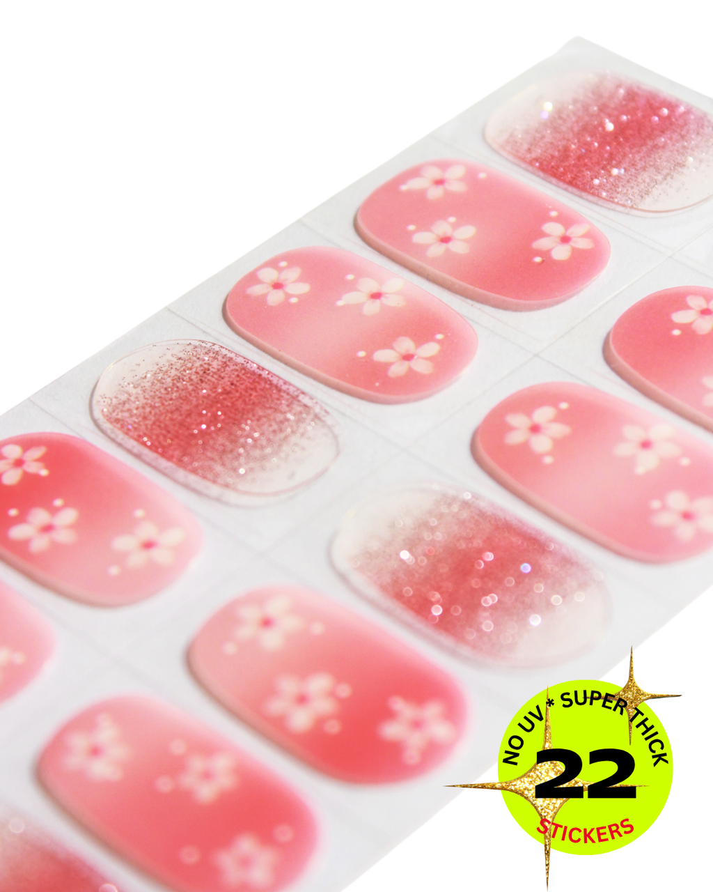 Sheet of pink nail wrap with floral designs on a white background, featuring a 'Super Thick' label.
