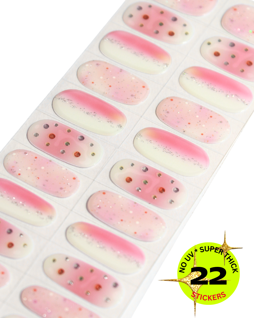 Sheet of pink and white nail wrap stickers with a label indicating '22 super thick stickers'.