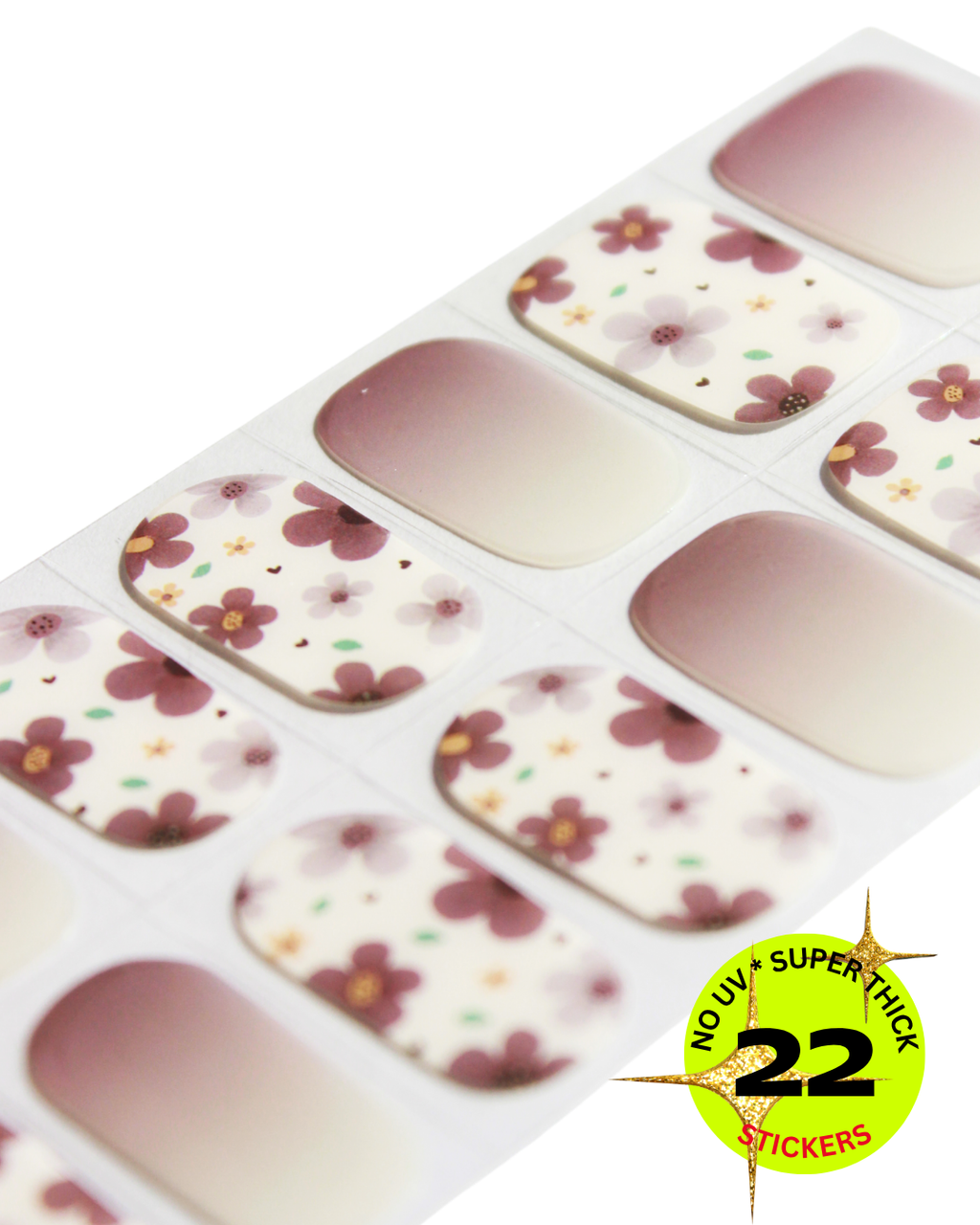 Set of nail wrap stickers with floral design and UV indicator on a white background