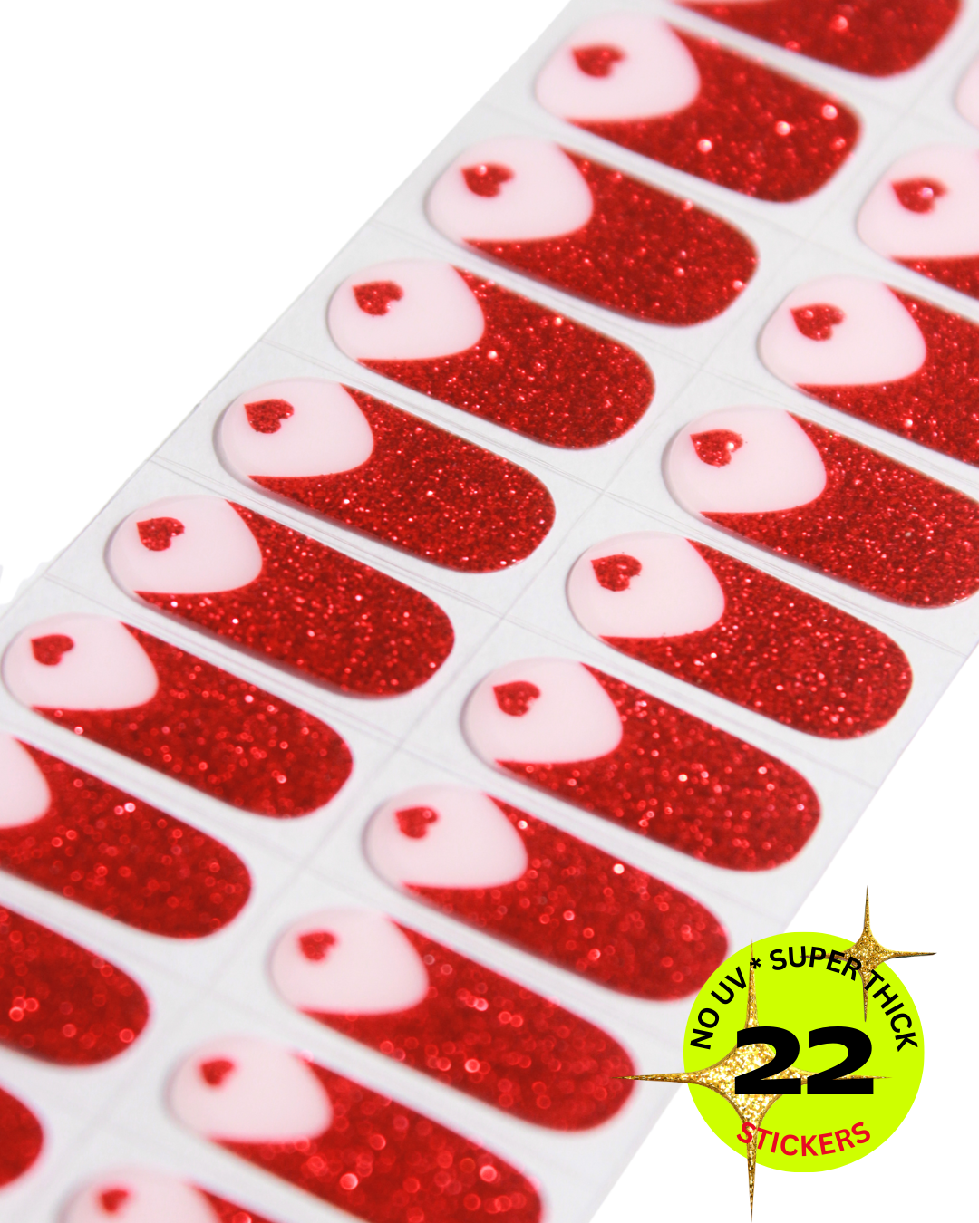 Sheet of red glittery nail wrap stickers with a label indicating '22 stickers' on a white background.