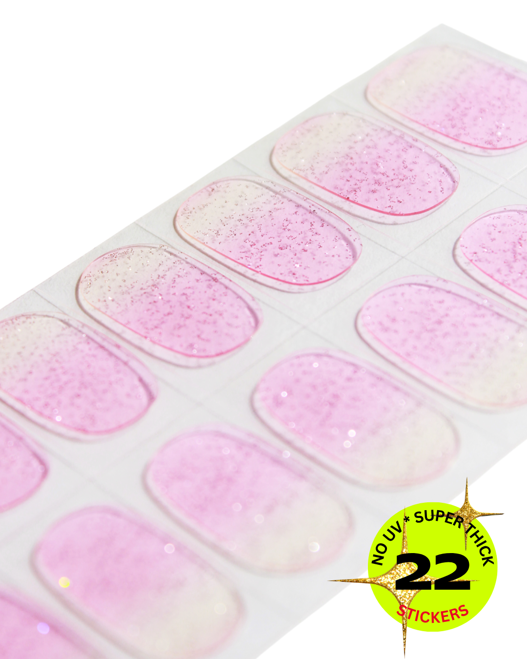 Pink glitter nail wraps with soft sparkle fade manicure.