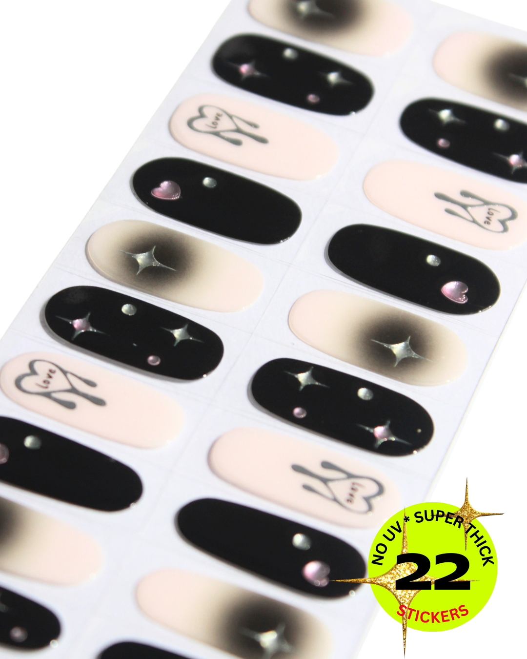 Sheet of nail wrap with various designs on a white background, featuring a label indicating 'No UV Super Thick 22 Stickers'.