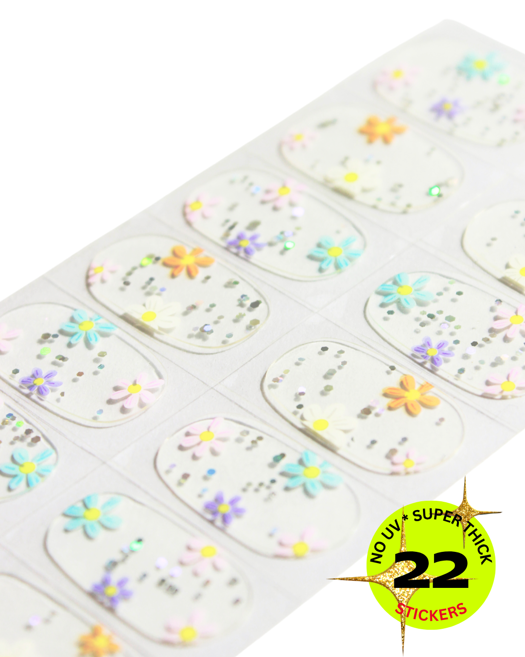 Sheet of floral stickers wrap with a label indicating '22 stickers' on a white background
