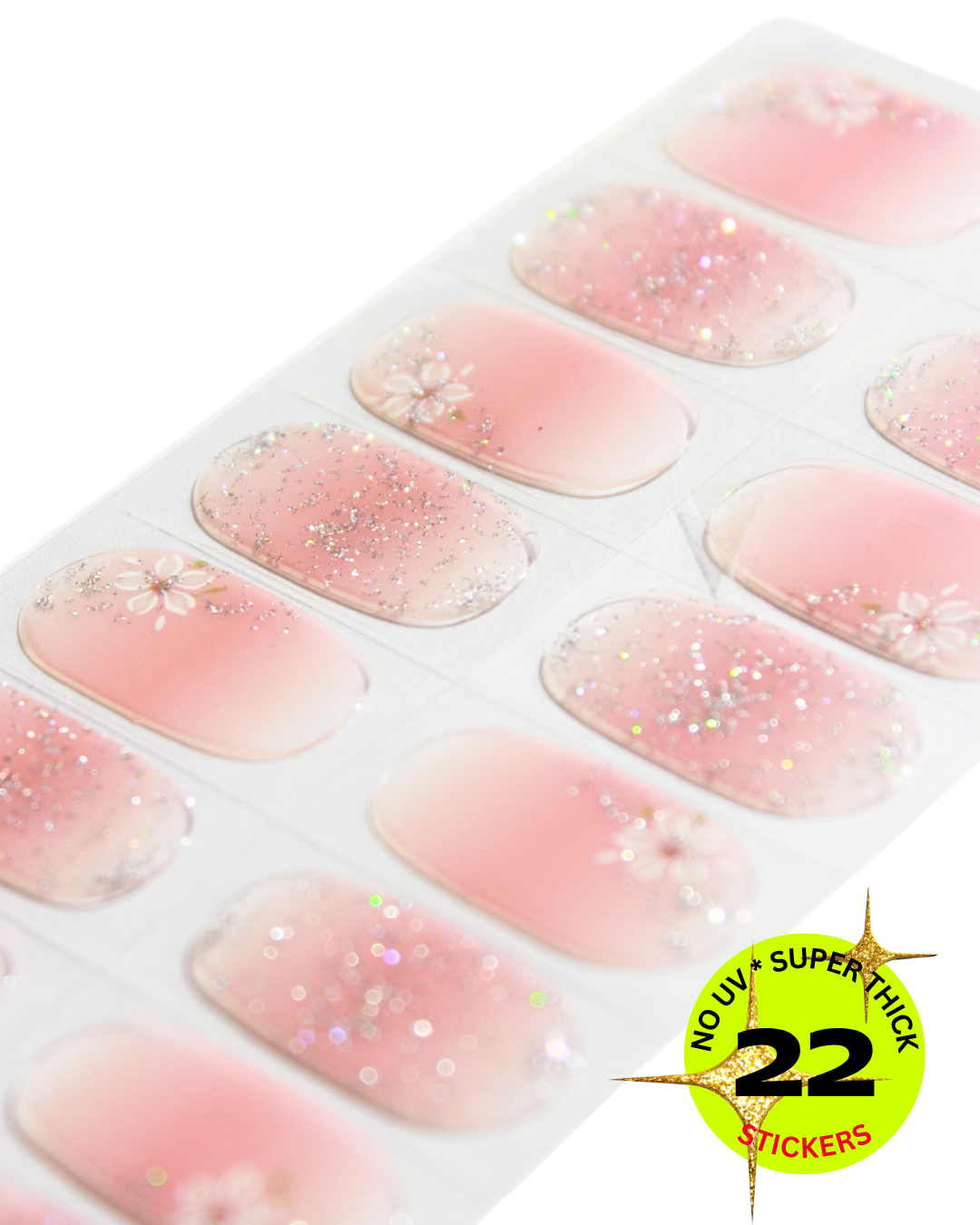 Sheet of peach nail wrap with a 'No UV Super Thick 22 Stickers' label on a white background