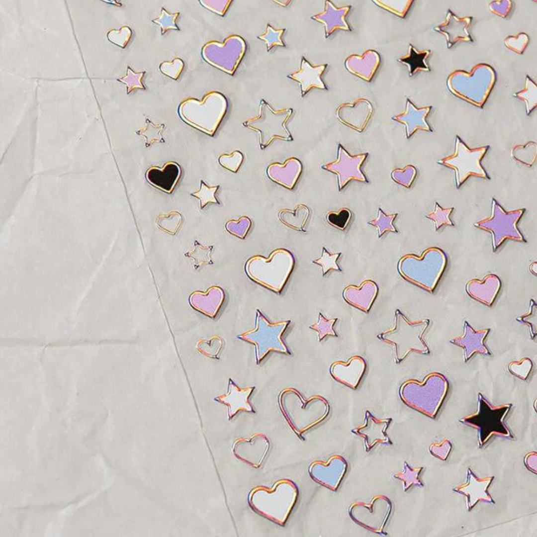 JellyPop Korean 3D - Heart And Star Nail Stickers With Rose Gold Laser Frame