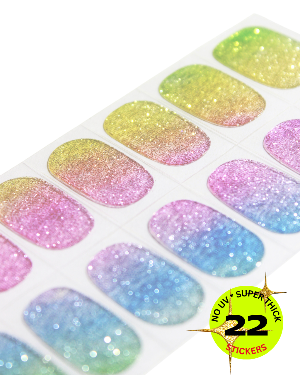 Sheet of colorful glittery nail art stickers with a label indicating '22 stickers' and 'Super Thick'.
