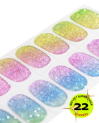 Sheet of colorful glittery nail art stickers with a label indicating '22 stickers' and 'Super Thick'.