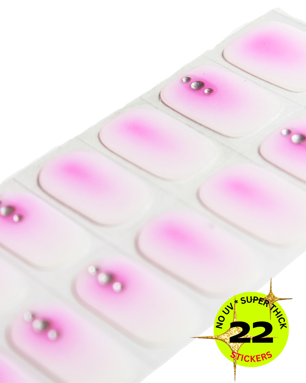 Sheet of pink and white stickers with a silver embellishment, on a white background.