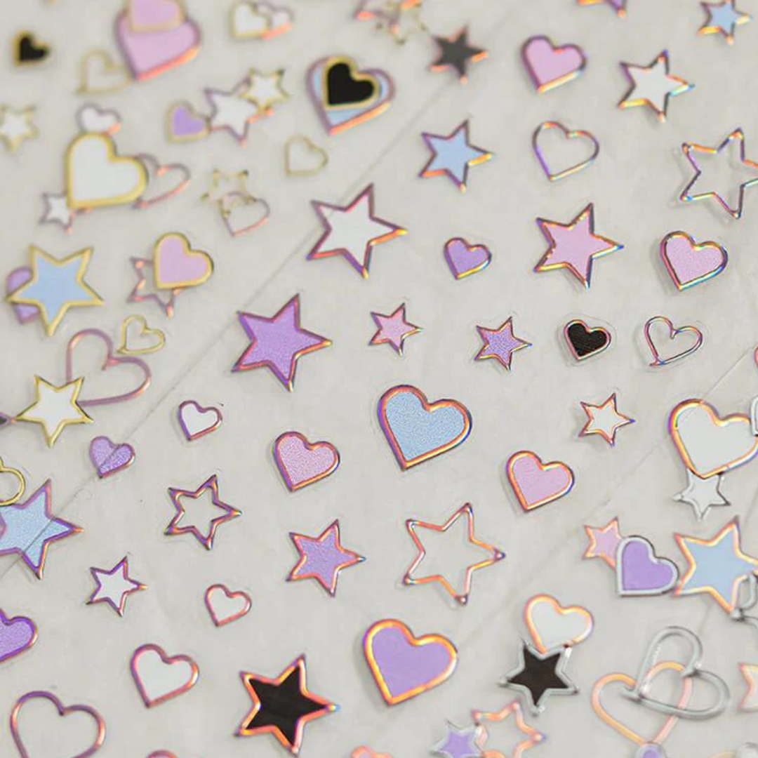 JellyPop Korean 3D - Heart And Star Nail Stickers With Rose Gold Laser Frame