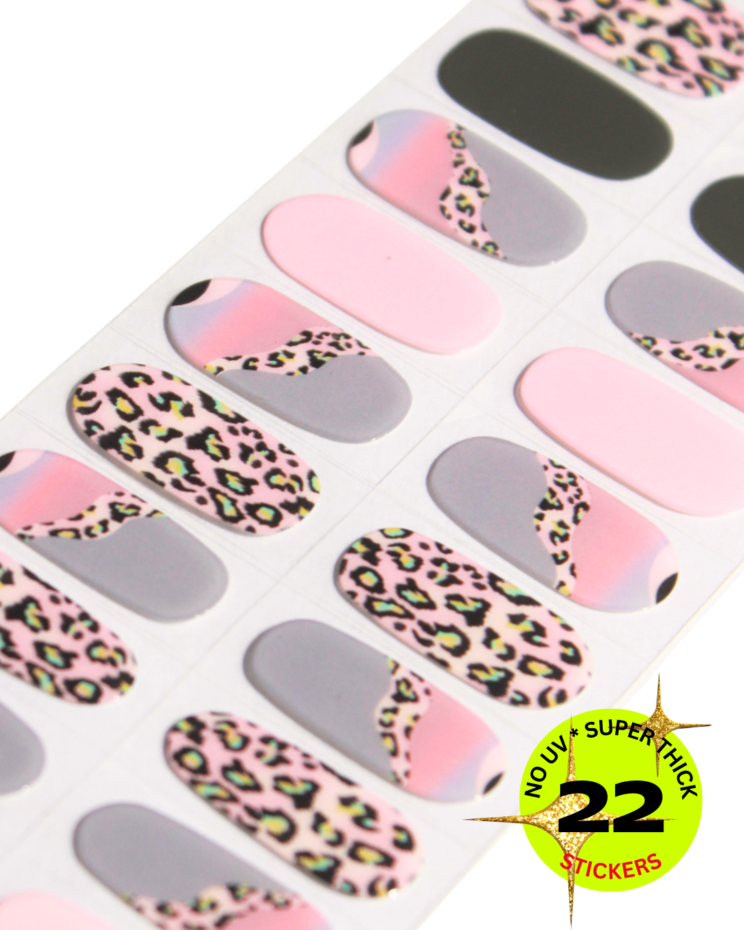 Sheet of nail stickers with leopard print and pink designs on a white background.