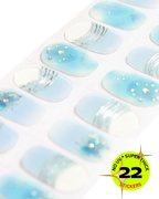 Sheet of blue nail stickers with a 'No UV Super Thick 22 Stickers' label.