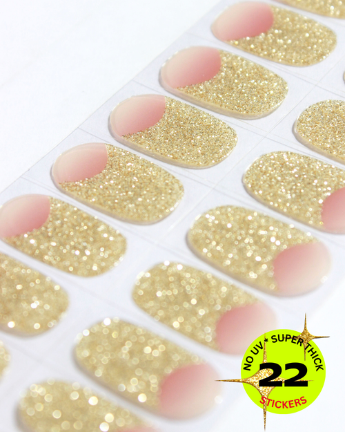 Sheet of gold glitter nail stickers with a label indicating '22 super thick stickers'.