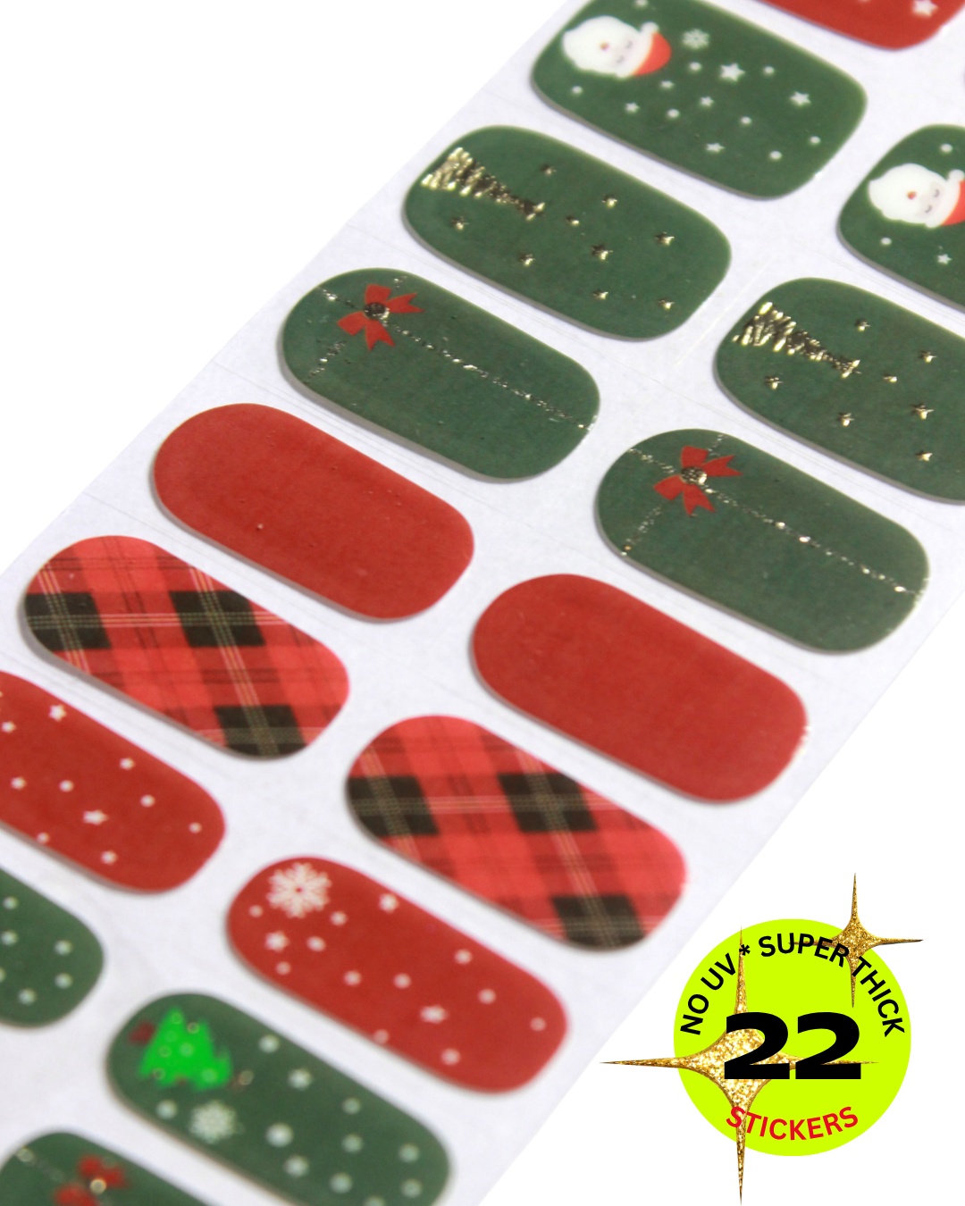 Sheet of red and green nail stickers decorated with festive holiday patterns