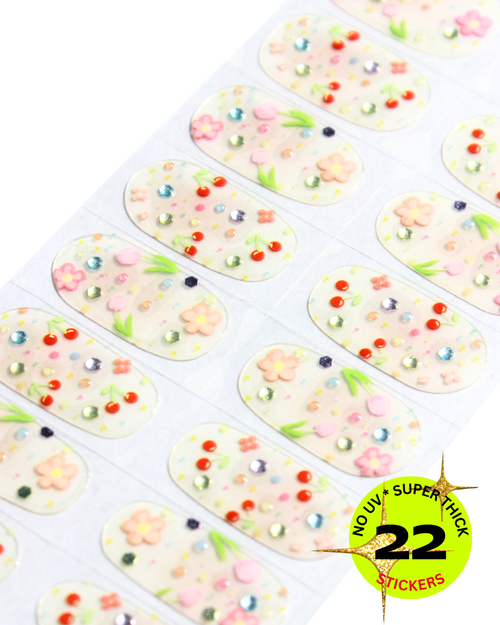 Floral nail sticker wrap with colorful flower and gem embellishments
