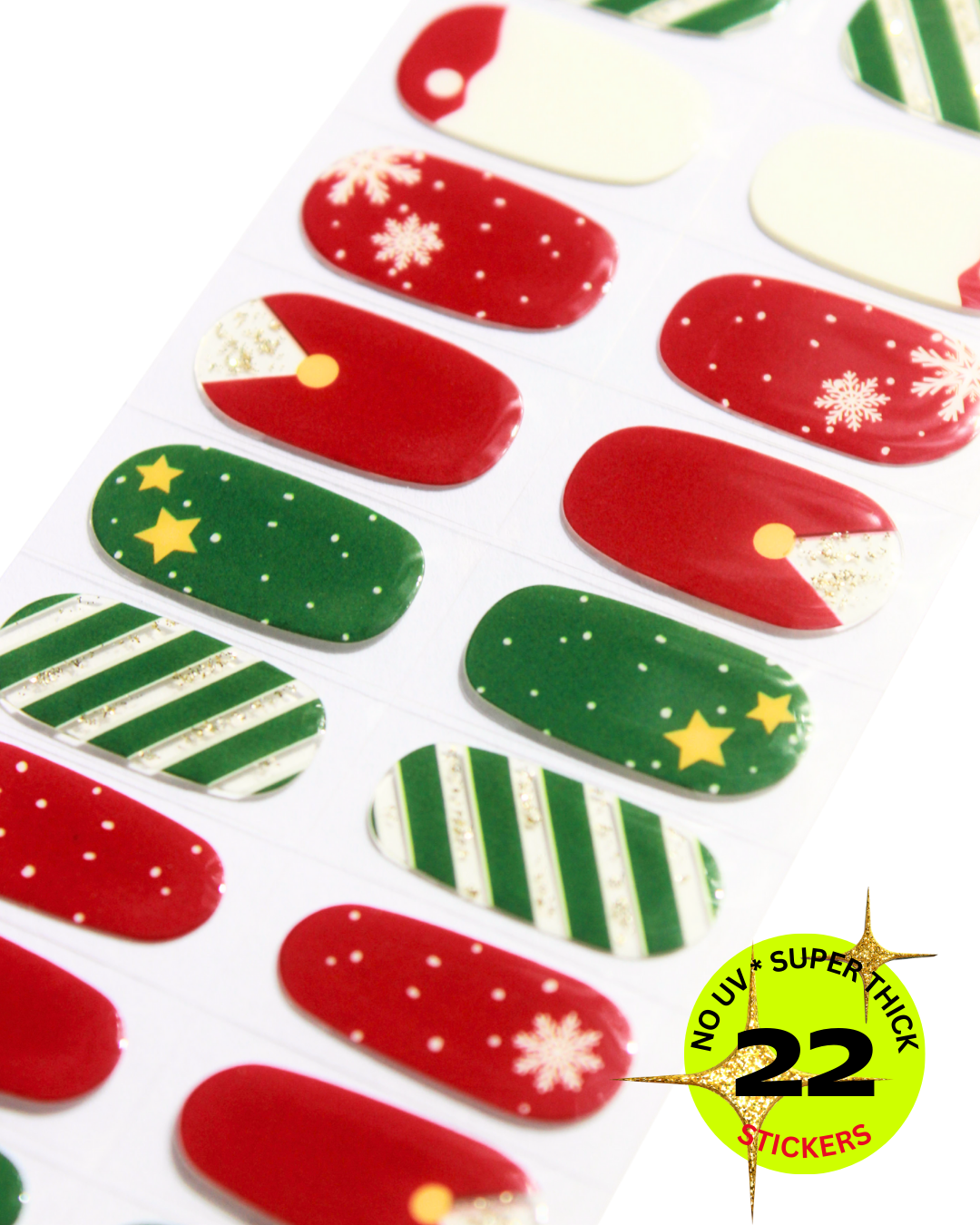Set of red and green nail wrap stickers with decorative patterns on a white background.