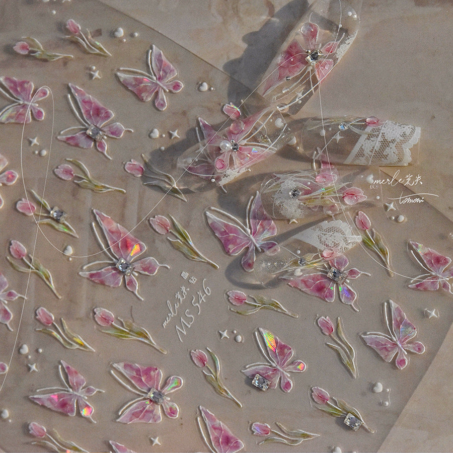 Decorative stickers with pink butterfly designs on a beige background