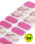 Sheet of pink nail stickers with gold accents on a white background, featuring a label indicating 'No UV Super Thick 22 Stickers'.