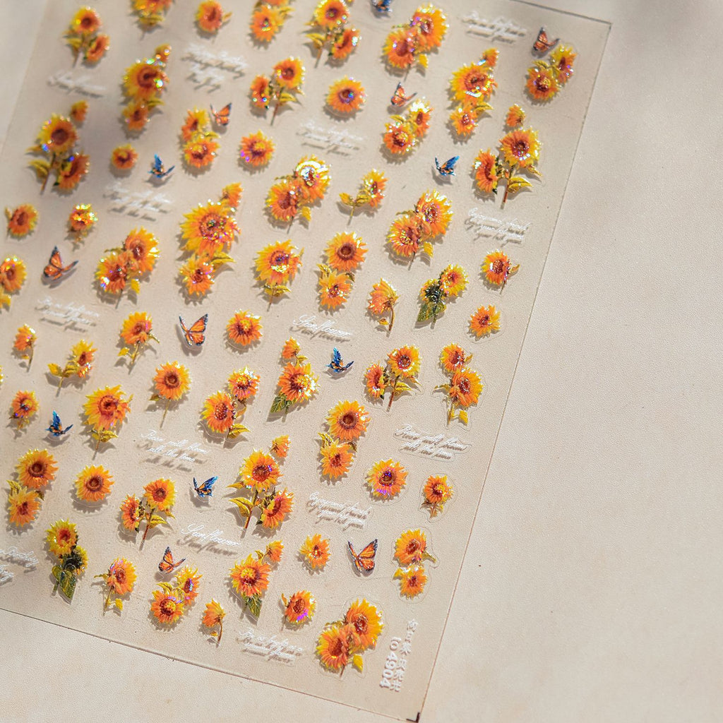 Sheet of decorative stickers with sunflowers and butterflies on a beige background