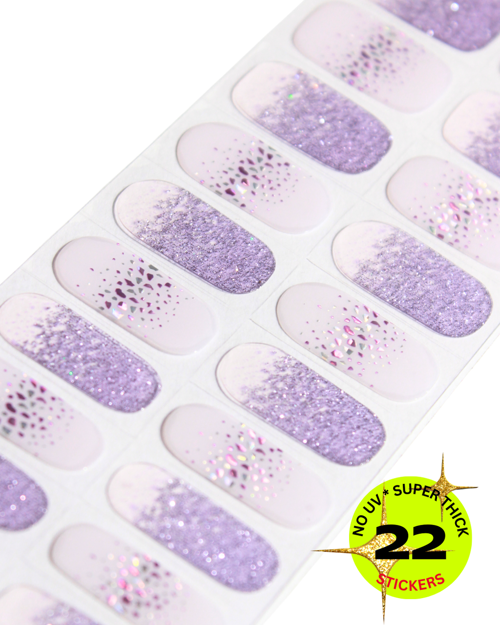 Sheet of purple glitter nail stickers with a label indicating 'No UV Super Thick 22 Stickers'.