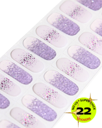 Sheet of purple glitter nail stickers with a label indicating 'No UV Super Thick 22 Stickers'.