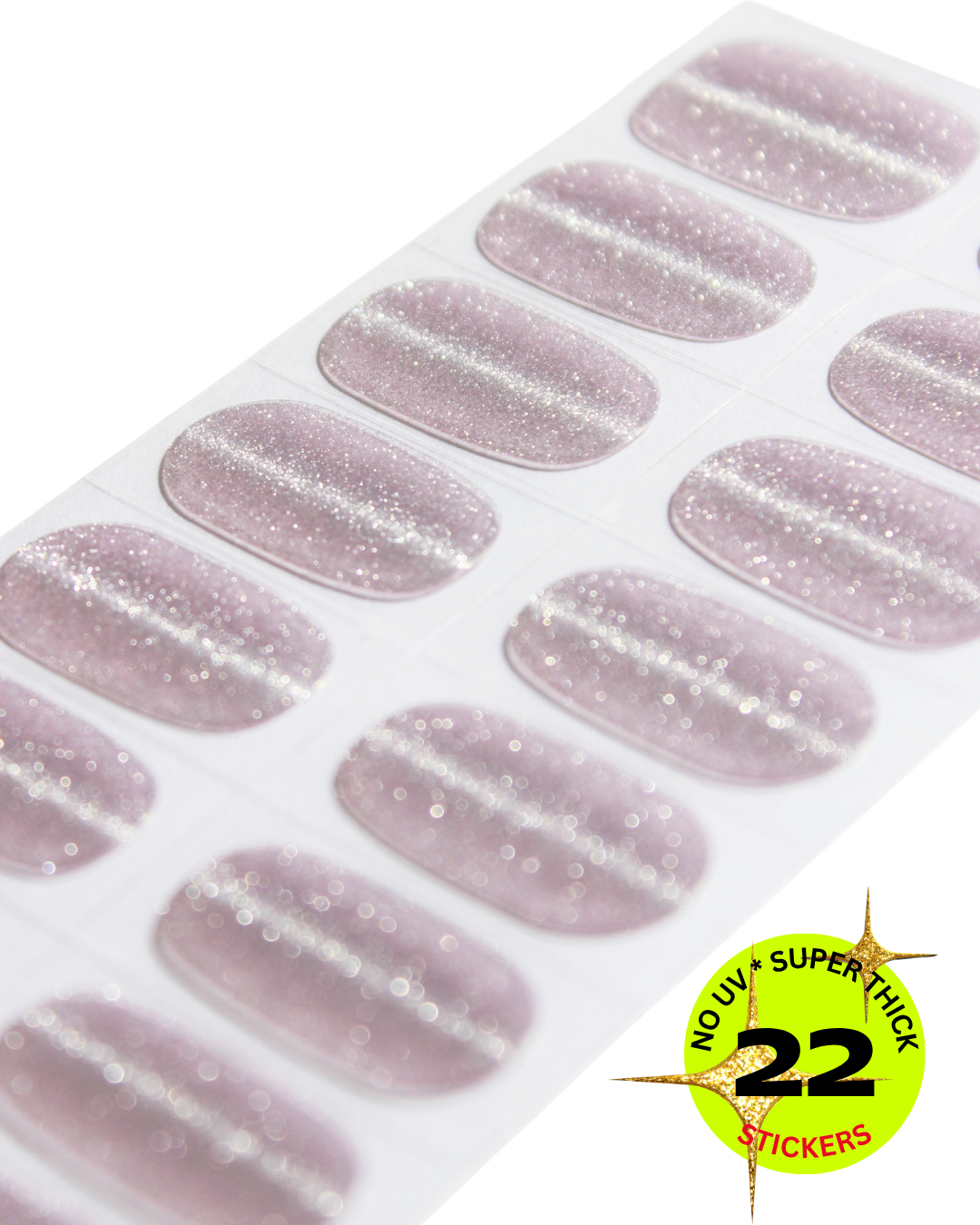 Sheet of  glittery nail stickers with a label indicating '22 stickers' on a white background.