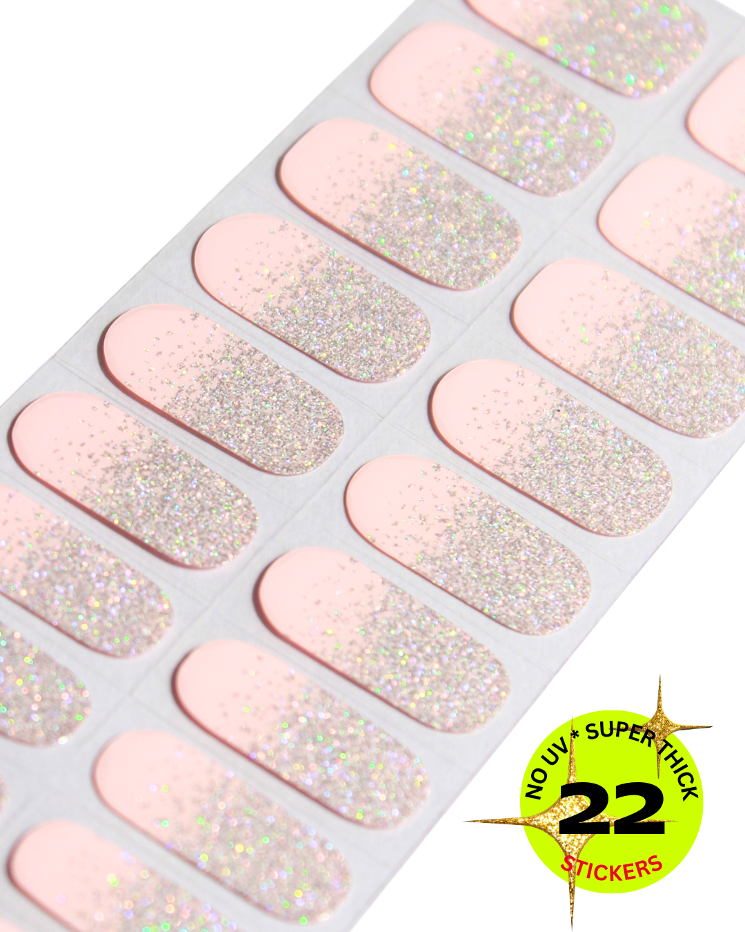 Sheet of pink glittery nail stickers with a label indicating 'No UV Super Thick 22 Stickers'.