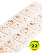 Sheet of  nude nail wrap with star and  decorative designs on a white background, featuring a label indicating '22 stickers' and 'No UV Super Thick'.