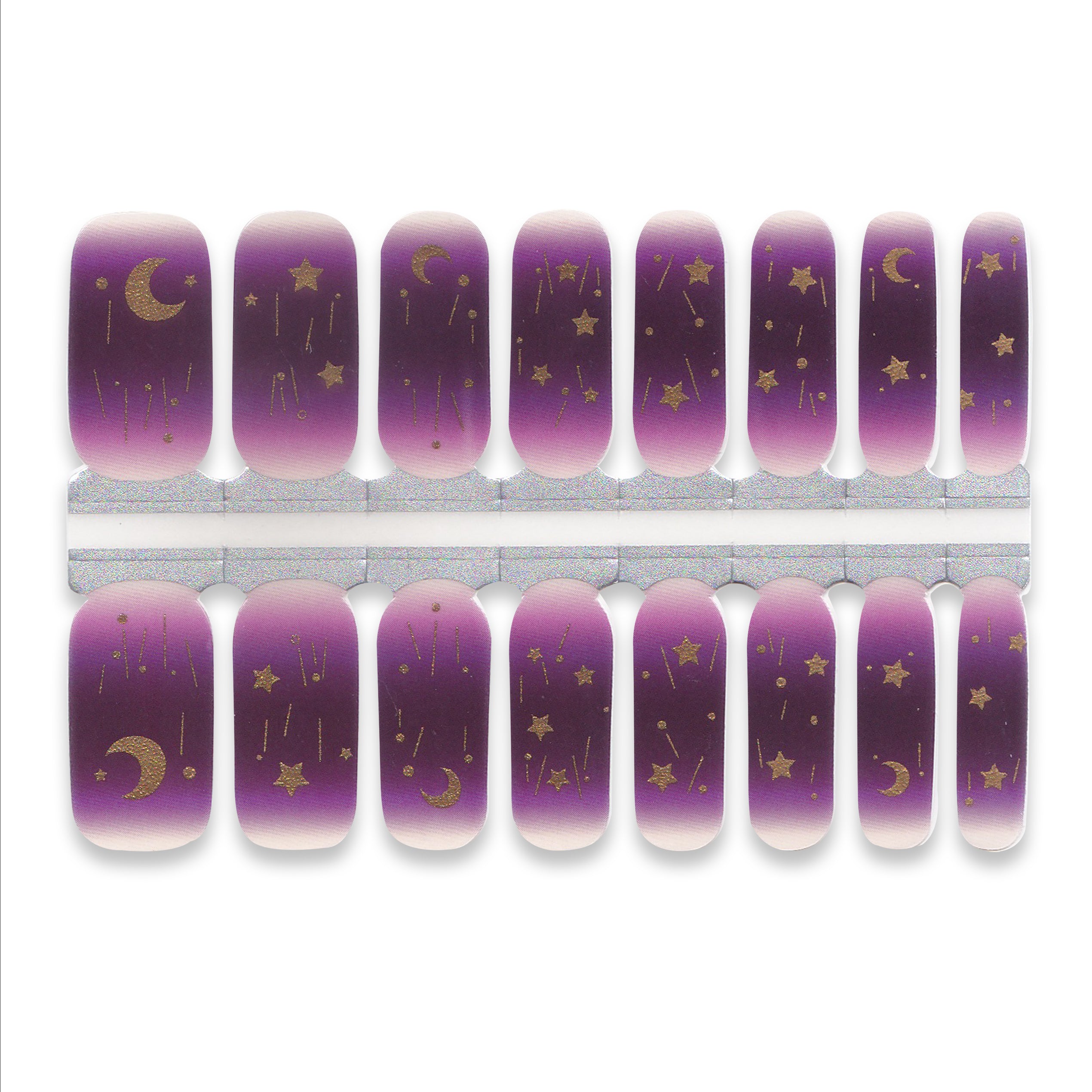 Purple nail wraps with gold moon and star designs on a white background