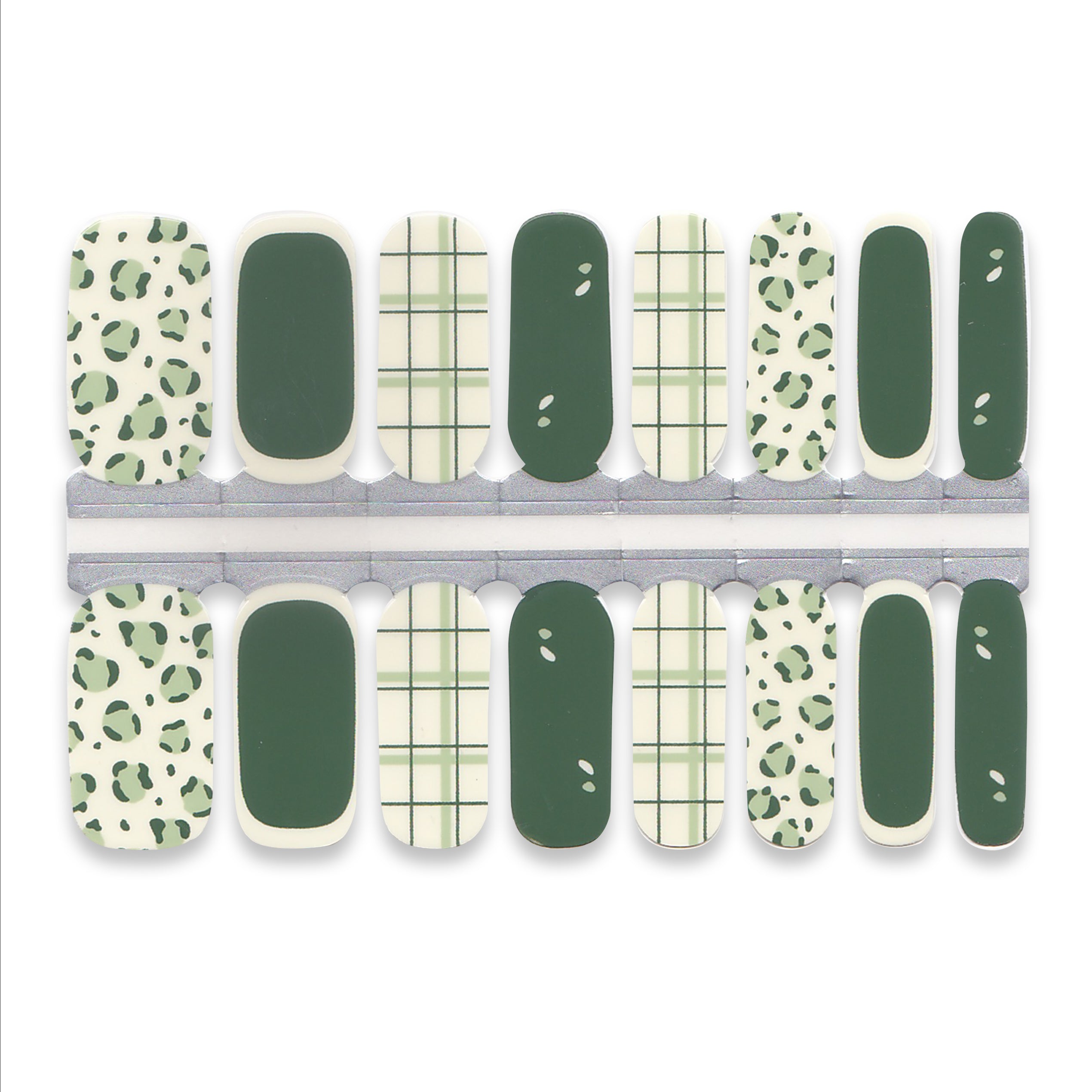 Set of nail wraps with green and white patterns on a white background