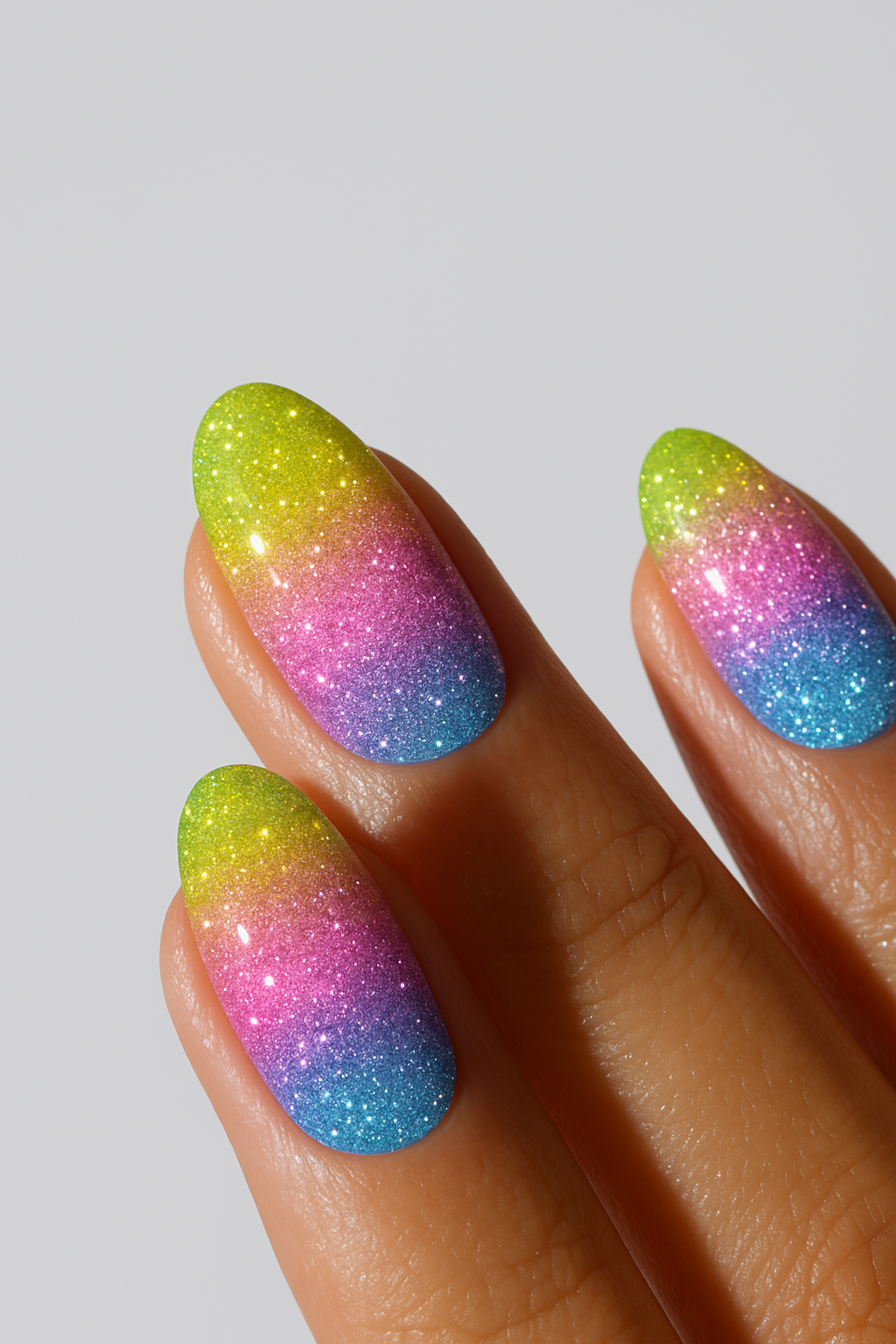Multicolored glittery nail design on a neutral background