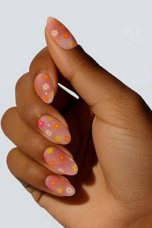 Pink gradient floral nail wrap with colorful daisy design on hand