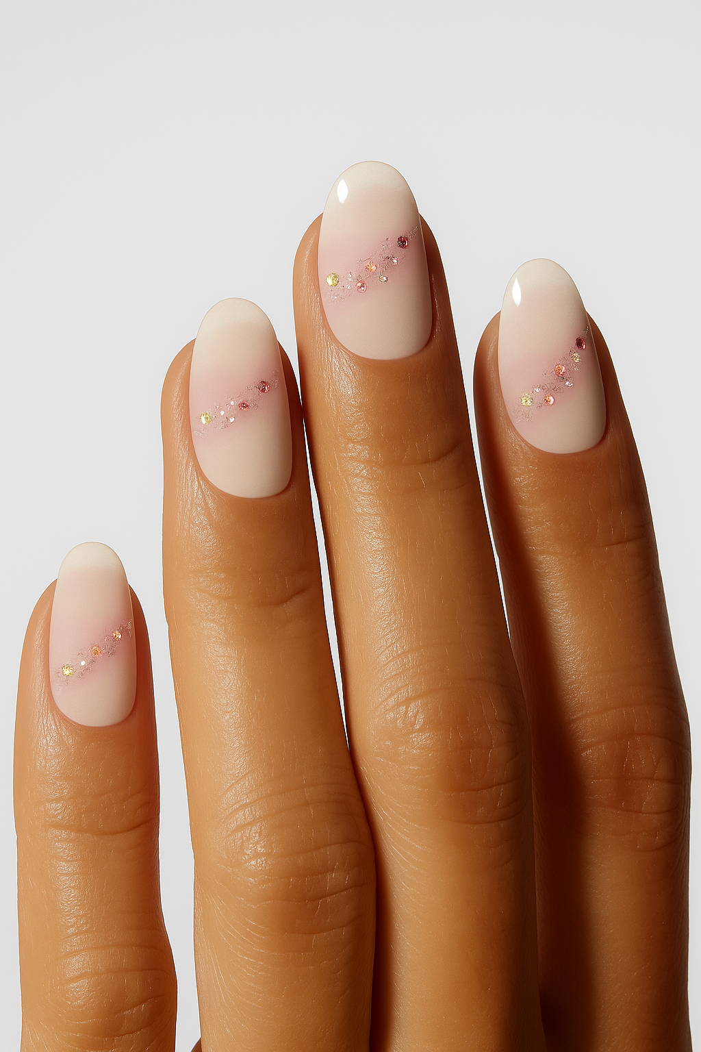 Nails with a light pink color and small decorative elements on a neutral background