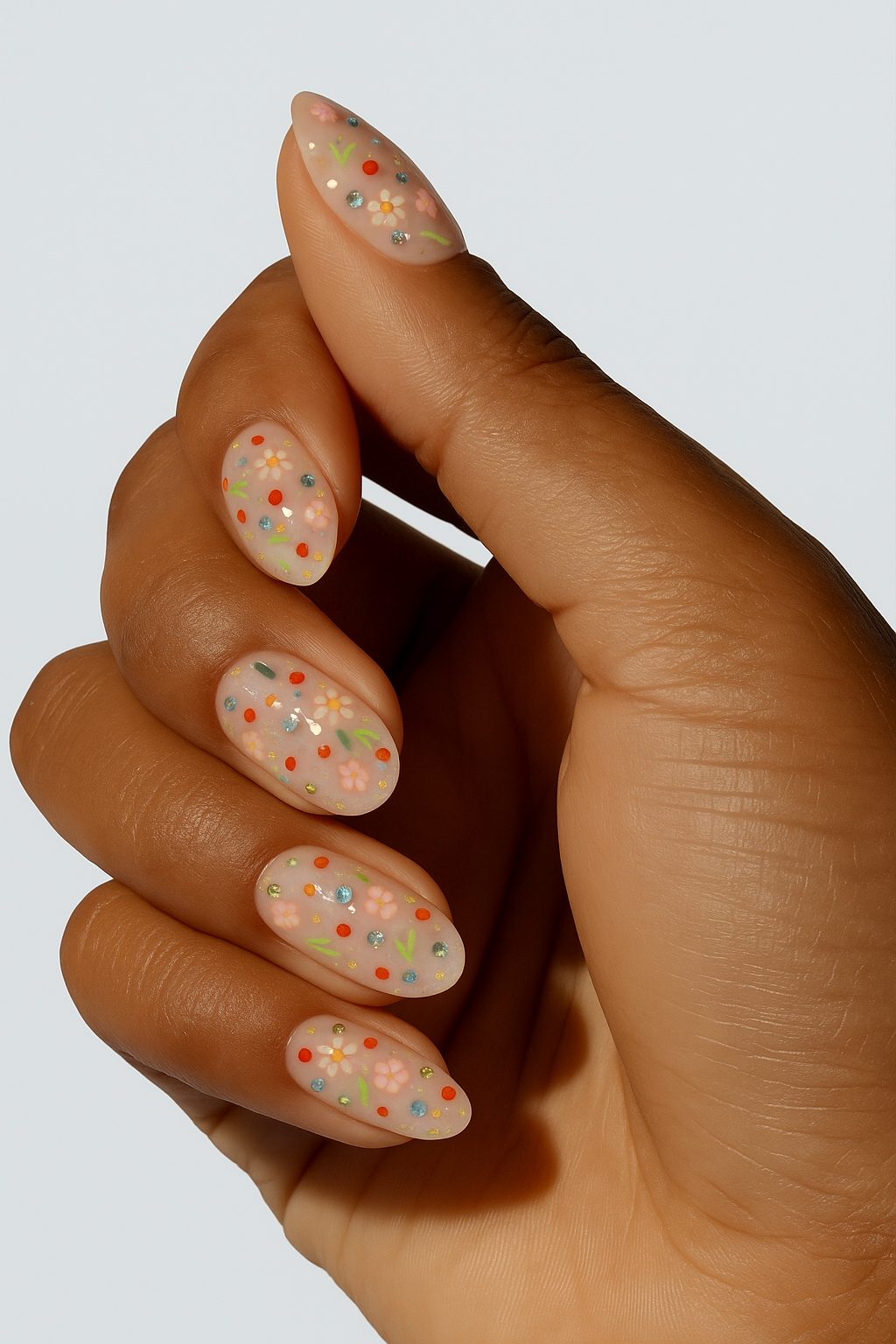 Hand with decorated nails featuring colorful polka dots on a white background