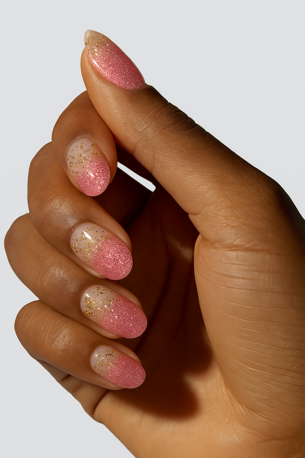 Hand with pink glittery nail wrap on a white background