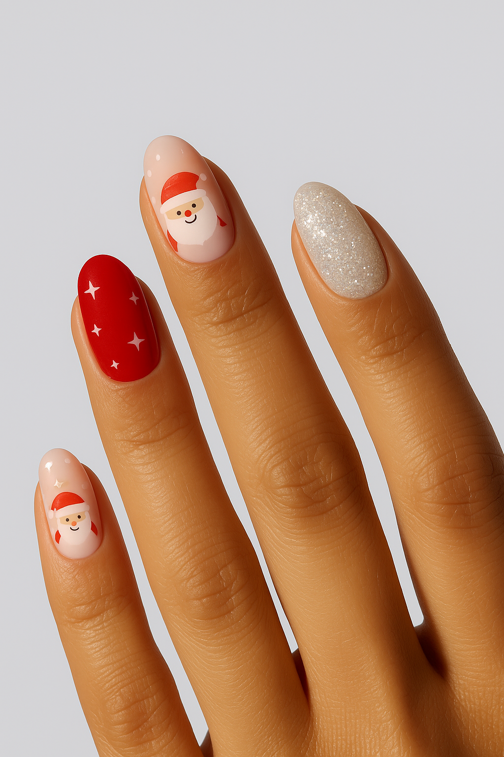 Nail art with Santa Claus design on a neutral background