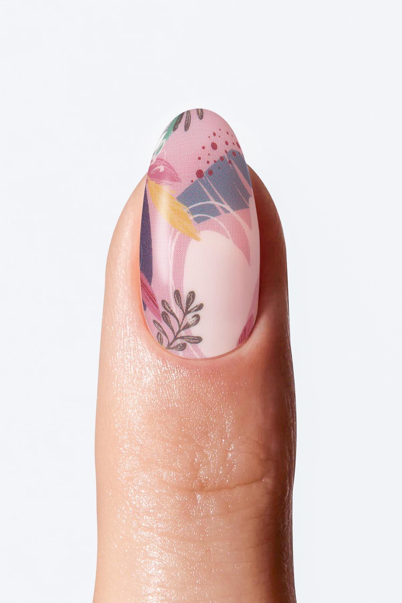 Minimal abstract floral nails, soft pink artsy leaf nail wrap manicure.