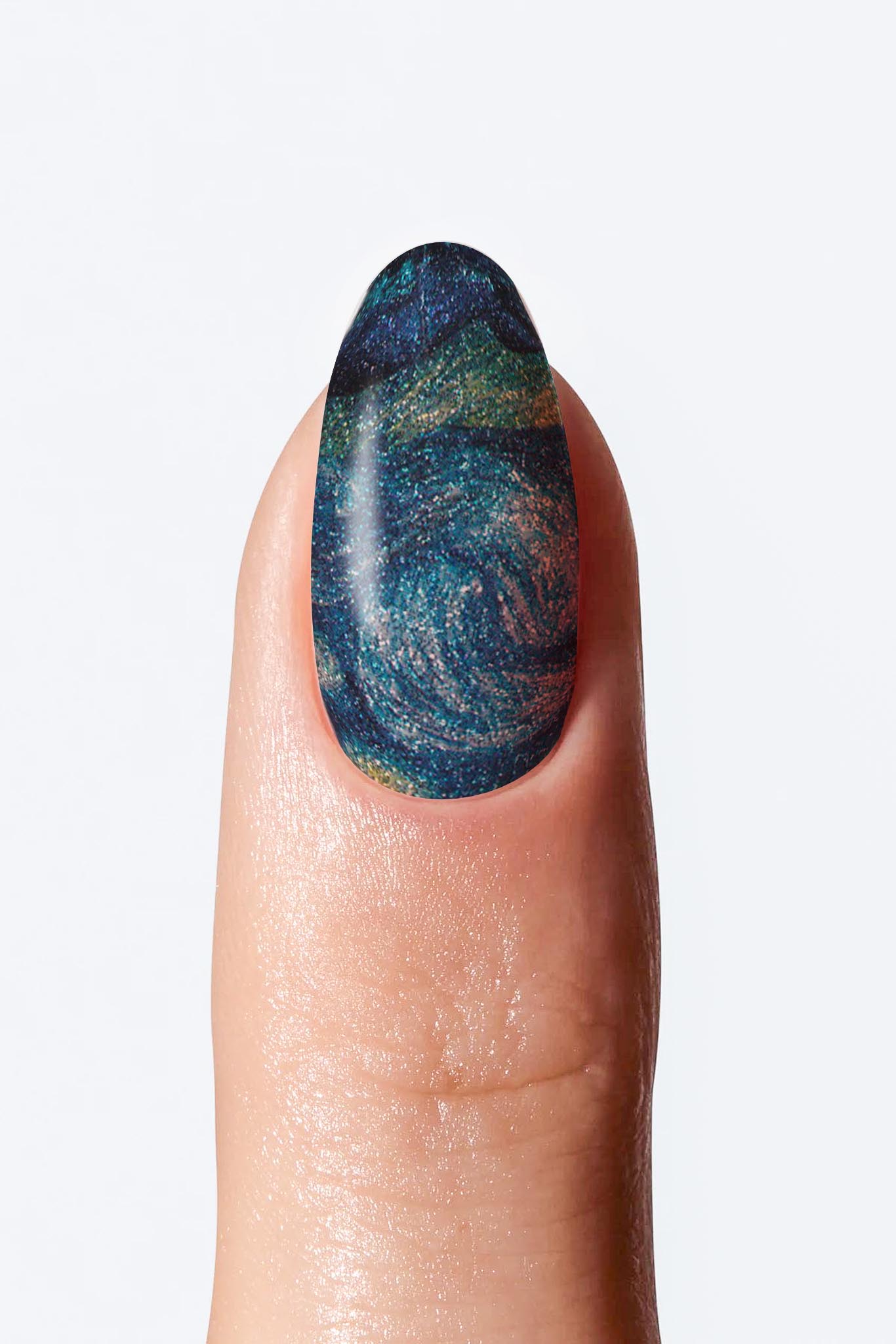 A single finger with a nail wrap featuring a multicolored design resembling marbled style pattern.