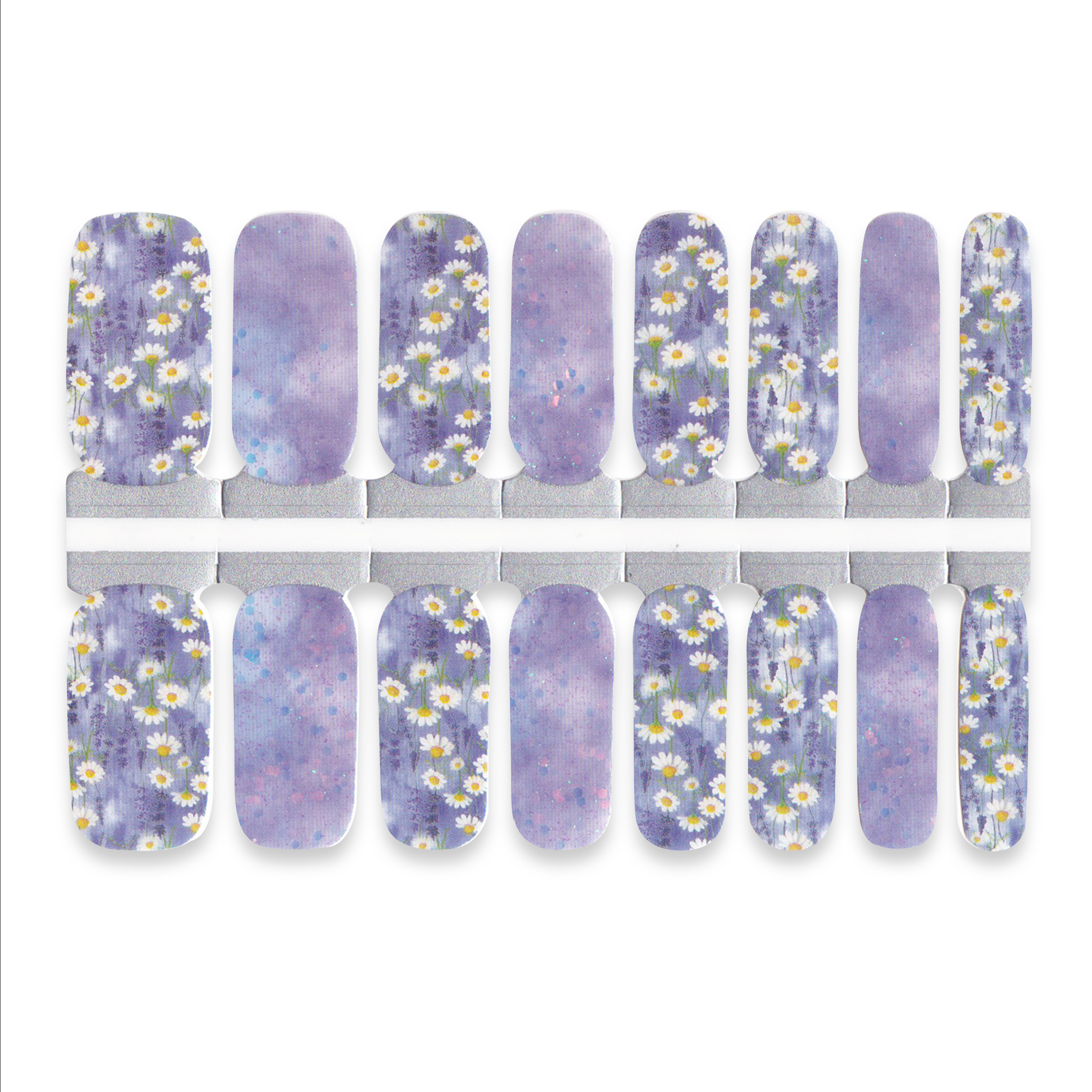 Set of purple nail wraps with white floral designs on a white background