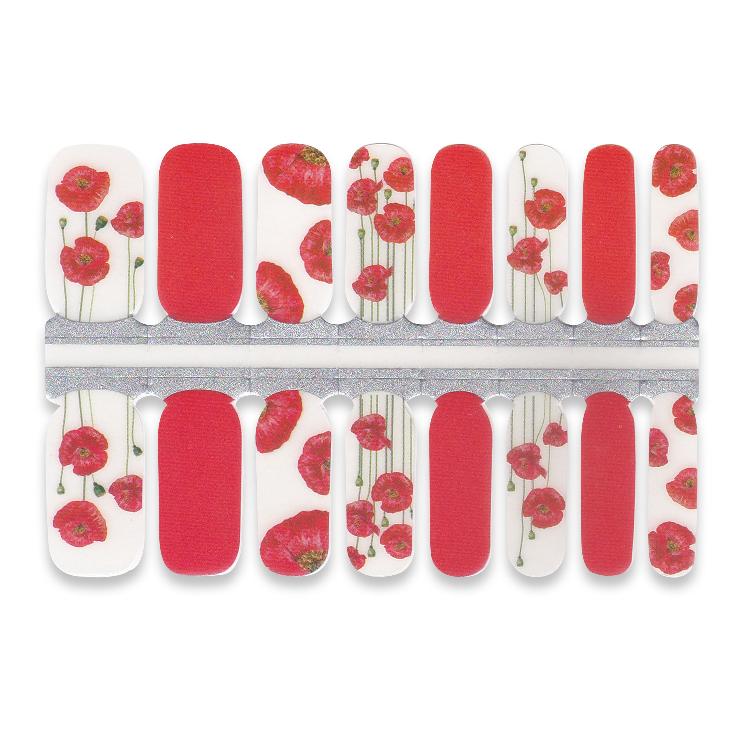 Nail wrap stickers with red floral design on a white background