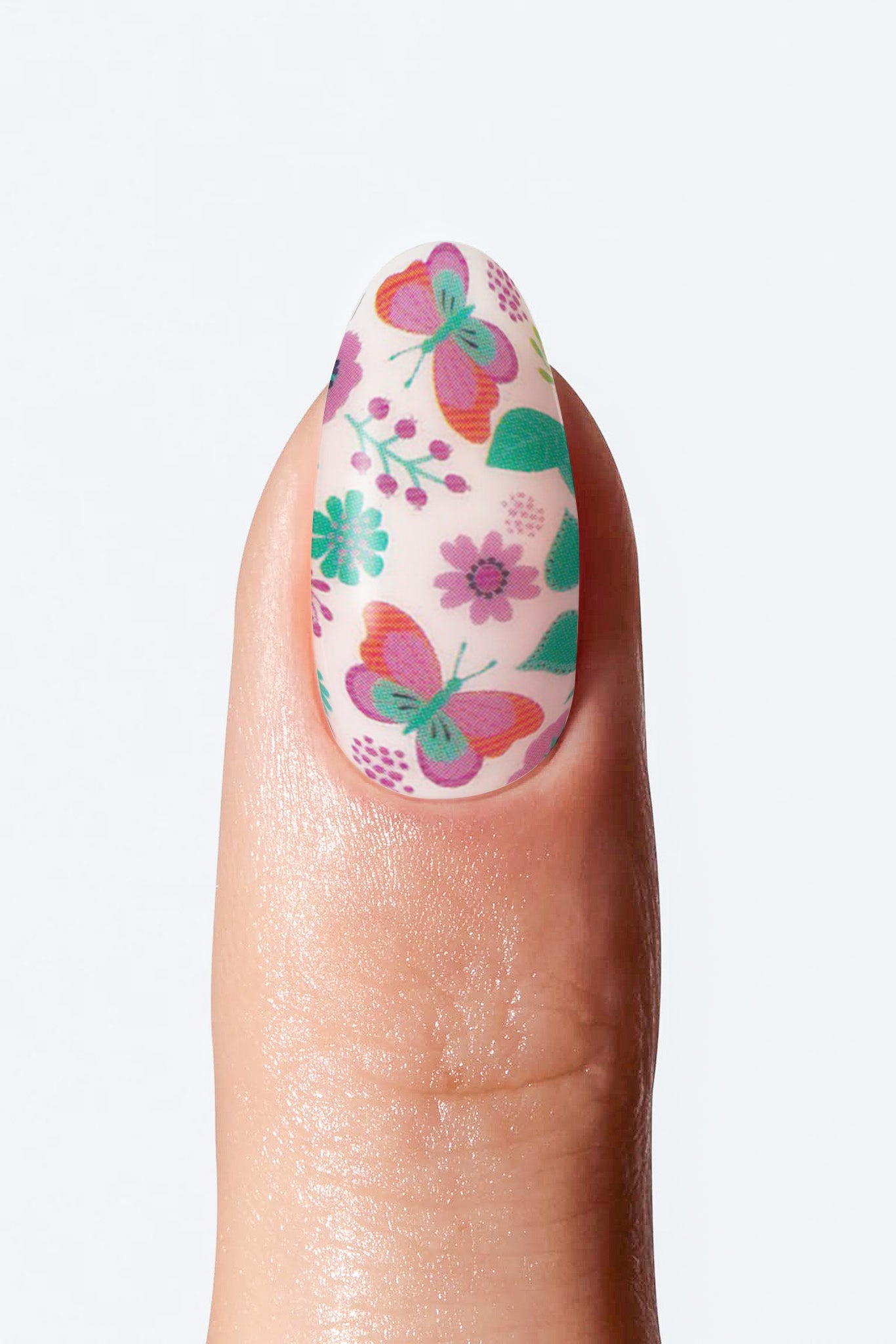Nail with butterfly and floral design on a white background