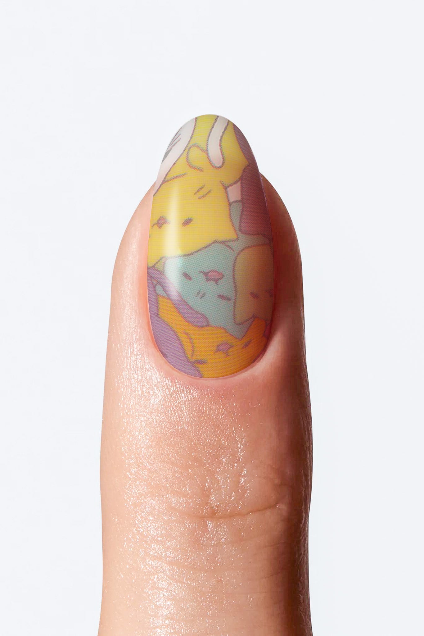 Close-up of nail featuring a soft pastel character illustration design
