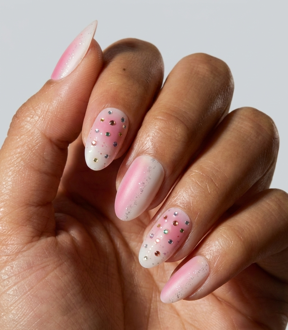 Hand with pink and white nail wrap featuring small decorative elements on a neutral background