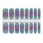 Set of glittery nail wraps in various colors on a white background