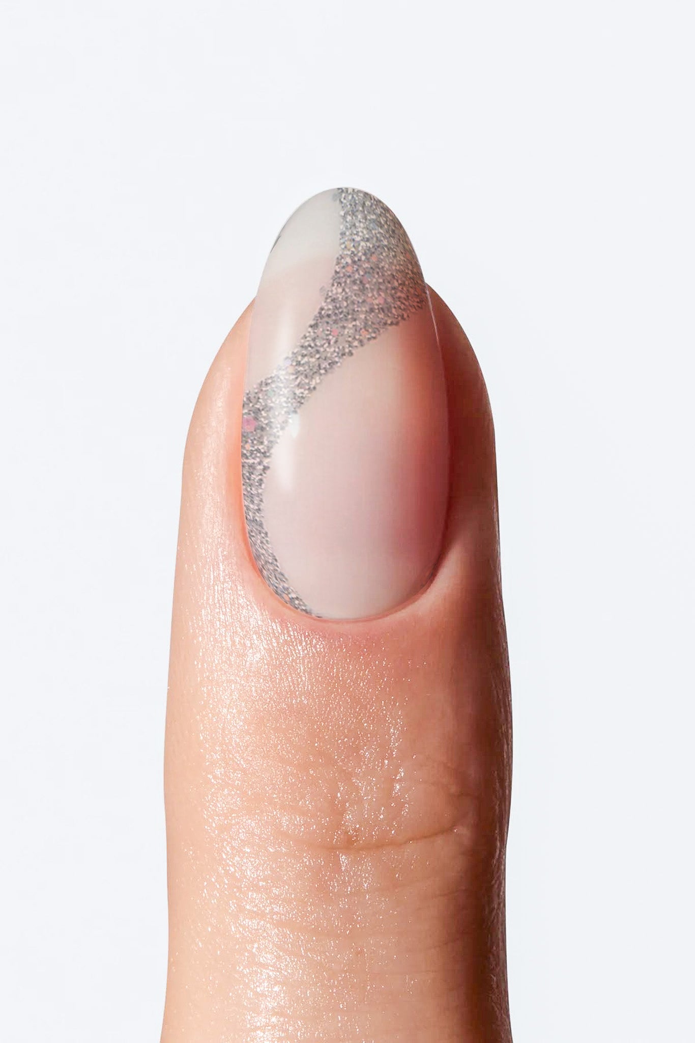 Nail with a silver and white design on a white background