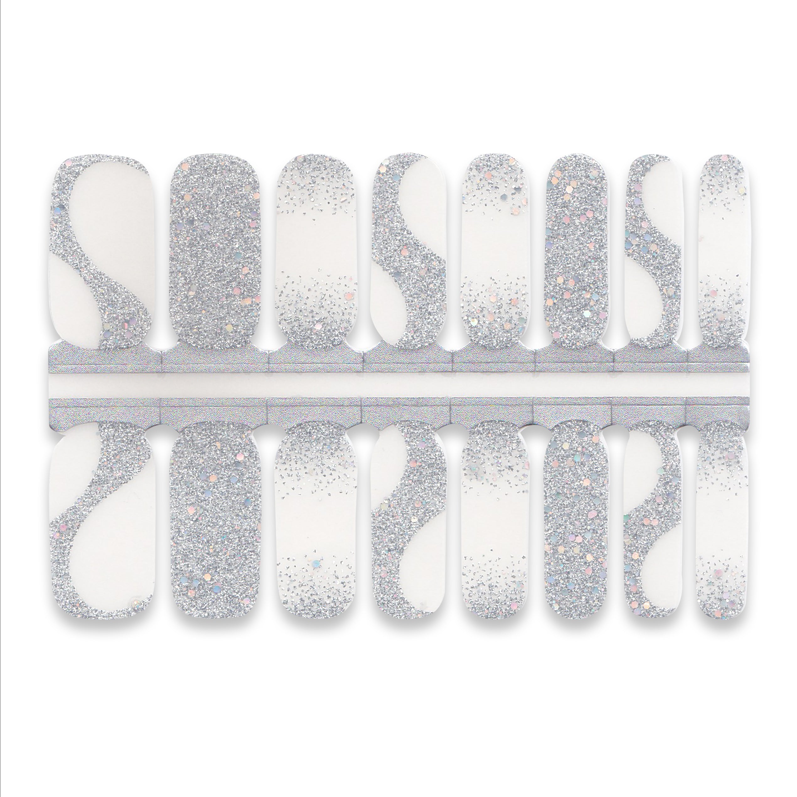 Sheet of clear and silver glitter nail wraps with shimmer gradient pattern
